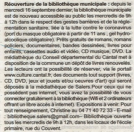 REOUVERTURE DE LA BIBLIOTHEQUE MUNICIPALE